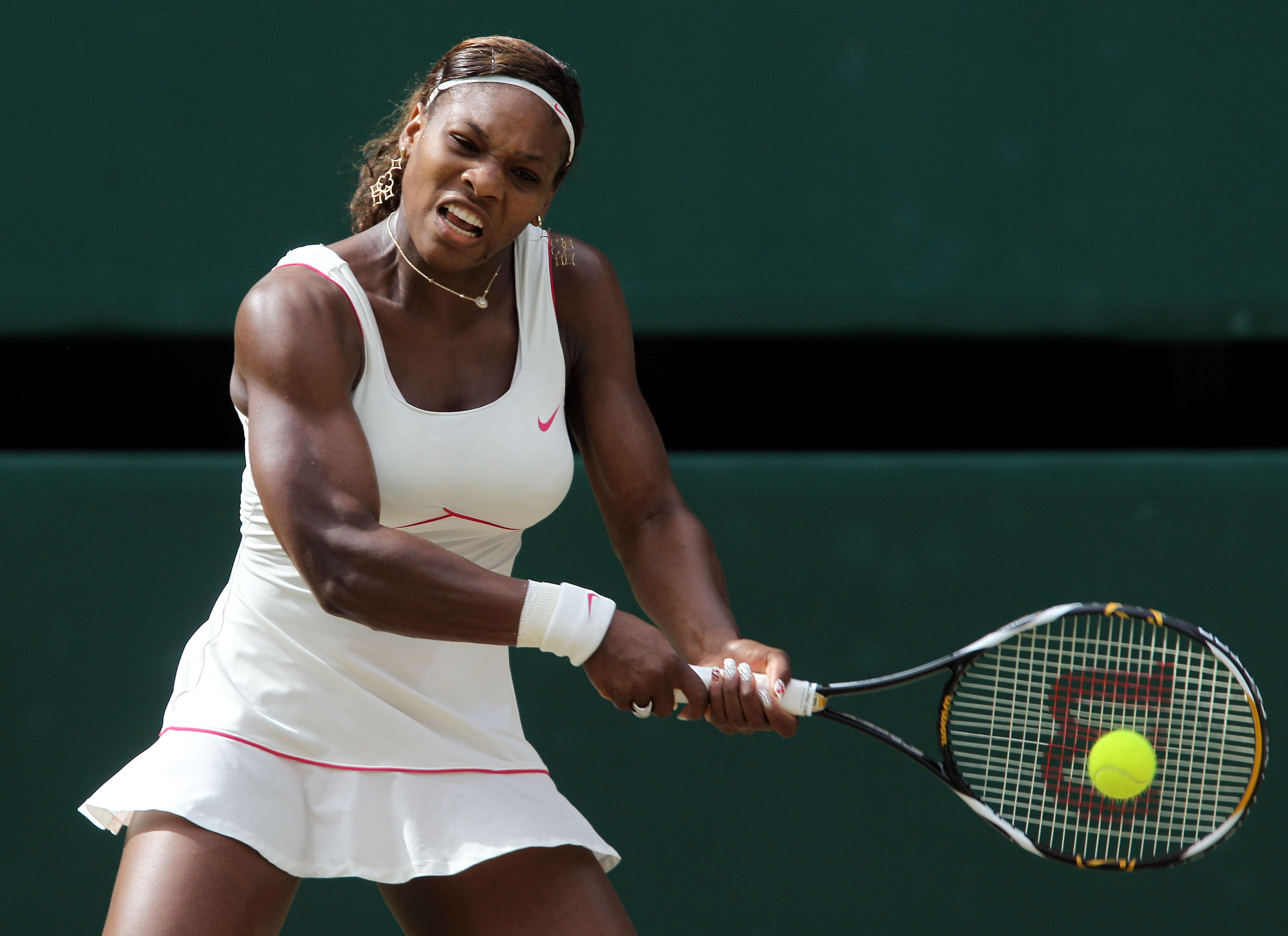 Serena Williams swings at the ball during the Wimbledon Lawn Tennis Championships at the All England Lawn Tennis and Croquet Club on July 1, 2010, in London, England.