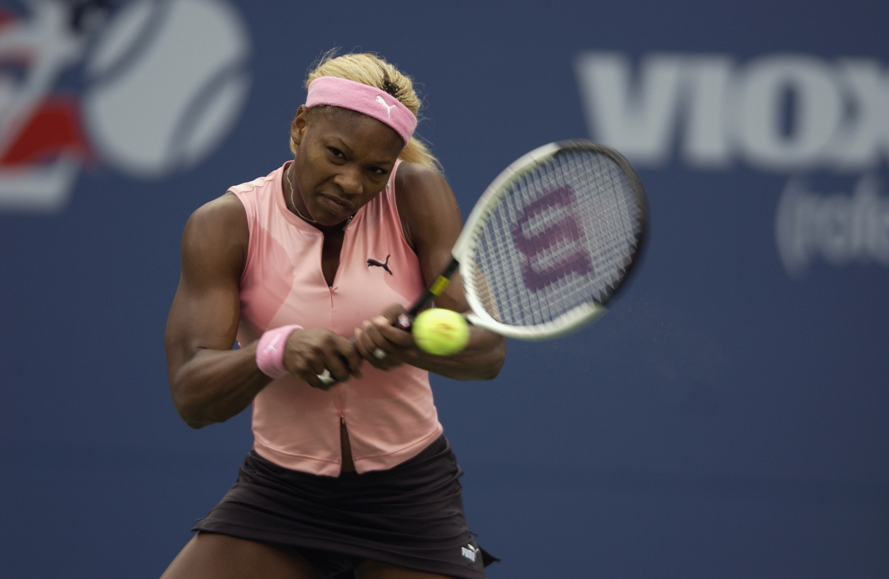 Serena Williams hits the ball during the US Open at the USTA National Tennis Center on September 1, 2002, in Flushing Meadows-Corona Park, New York.