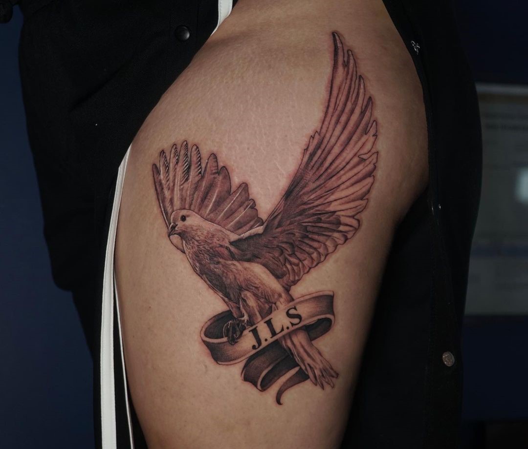 Giant Thigh Dove Tattoo