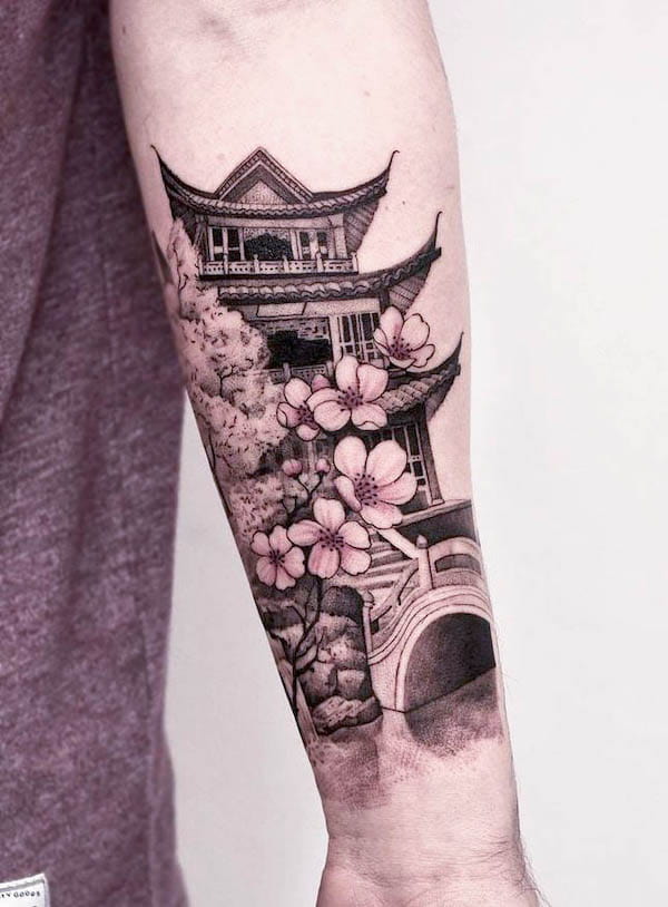 Japanese architectures and cherry blossom tattoo by @bensongascon