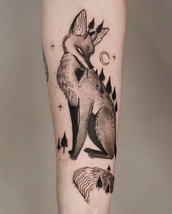 Magical fox and landscape tattoo by @luikwiatkowska_tattoo