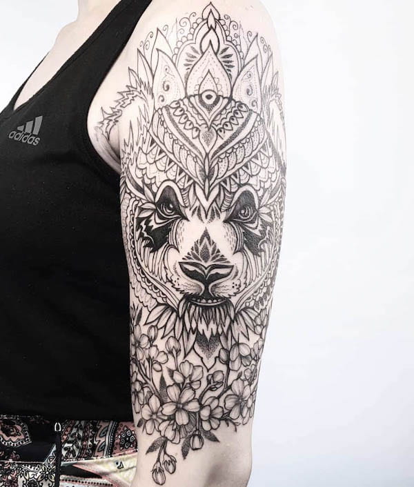 Mandala panda and cherry blossom sleeve tattoo by @flaviaverda