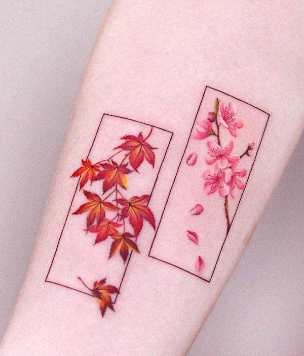 Maple leaves and cherry blossoms tattoo by @nara_tattoopeople