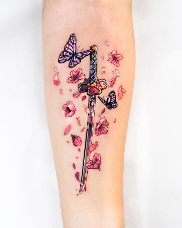 Sword and cherry blossom tattoo by @coldchillchild