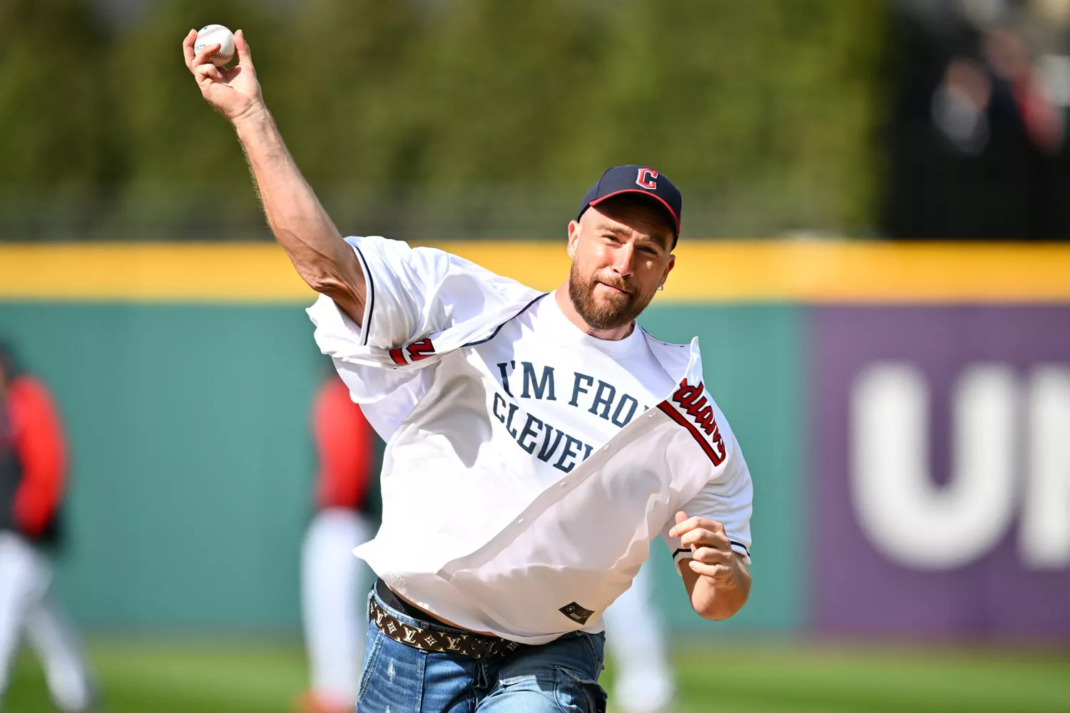 CLEVELAND, OHIO - APRIL 07: Cleveland area native and Kansas City Chiefs player Travis Kelce throws out the first pitch prior to the game between the Cleveland Guardians and the Seattle Mariners of the home opener at Progressive Field on April 07, 2023 in Cleveland, Ohio. (Photo by Jason Miller/Getty Images)