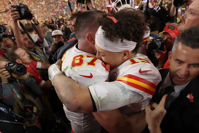 <p>Christian Petersen/Getty </p> Patrick Mahomes and Travis Kelce