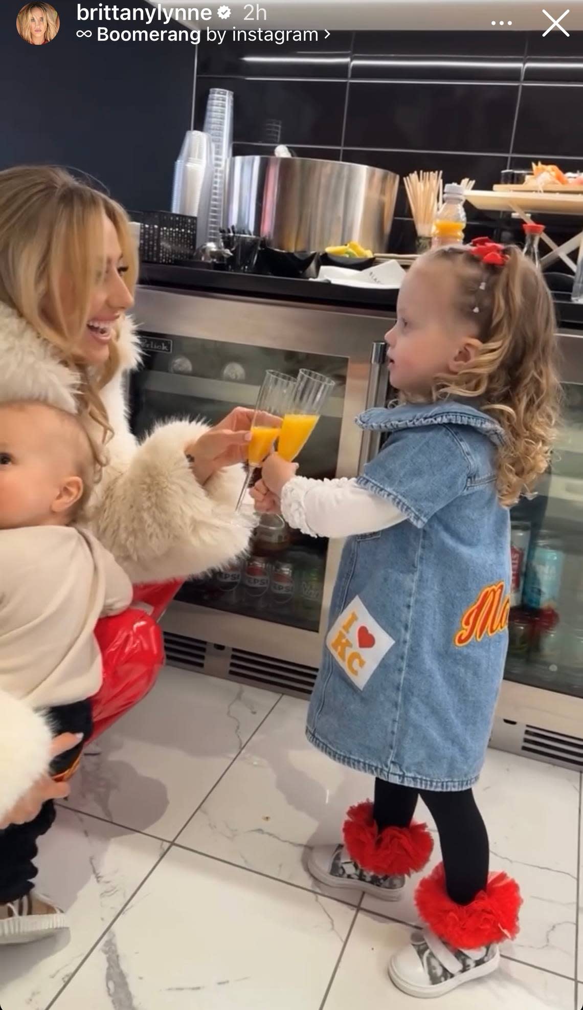 Brittany Mahomes and her children, Bronze and Sterling, at the Super Bowl. Brittany Mahomes/Instagram