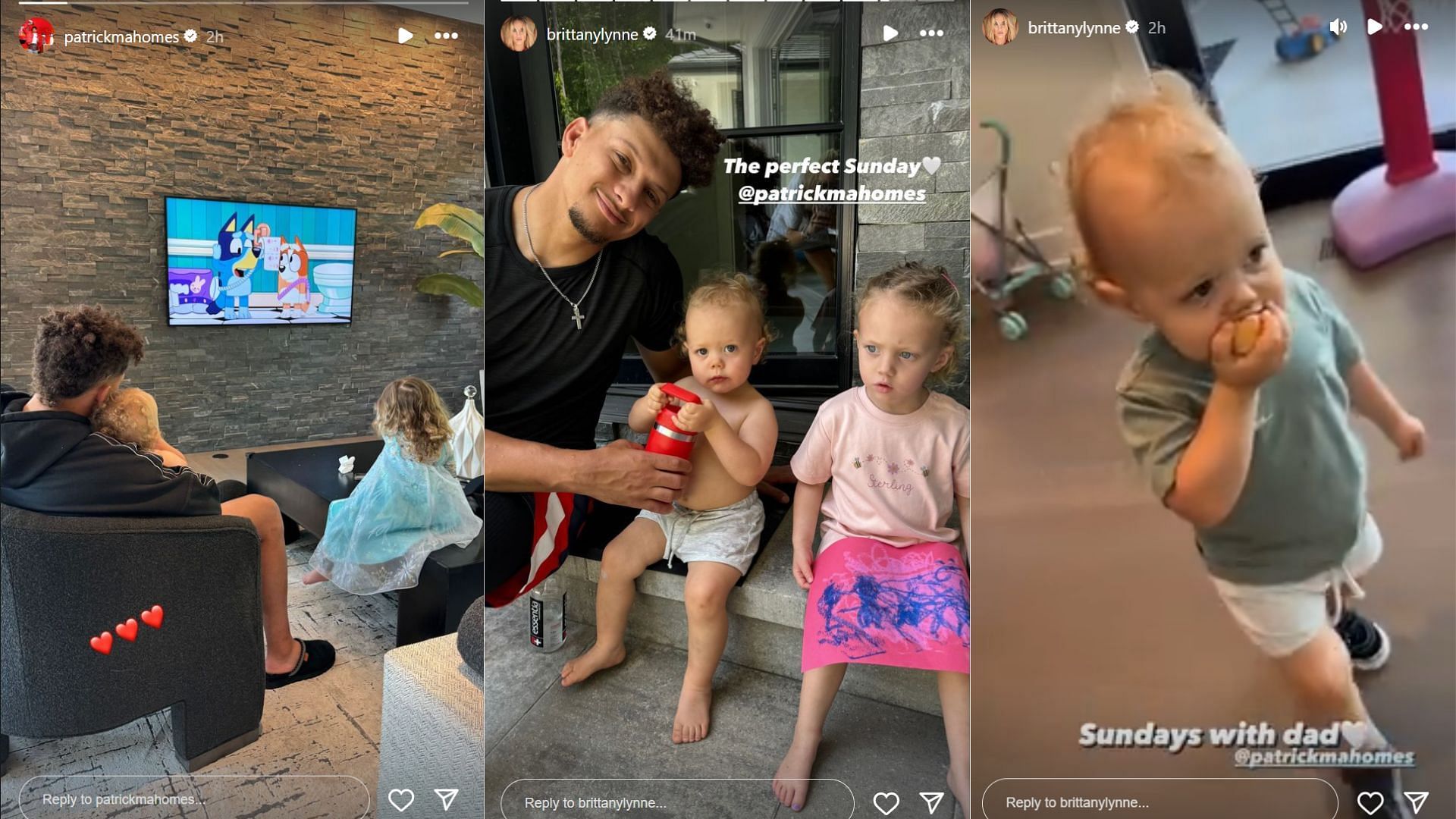 Patrick Mahomes&#039; wife Brittany shared clips with children on Sunday (@patrickmahomes and @brittanylynne/Instagram)