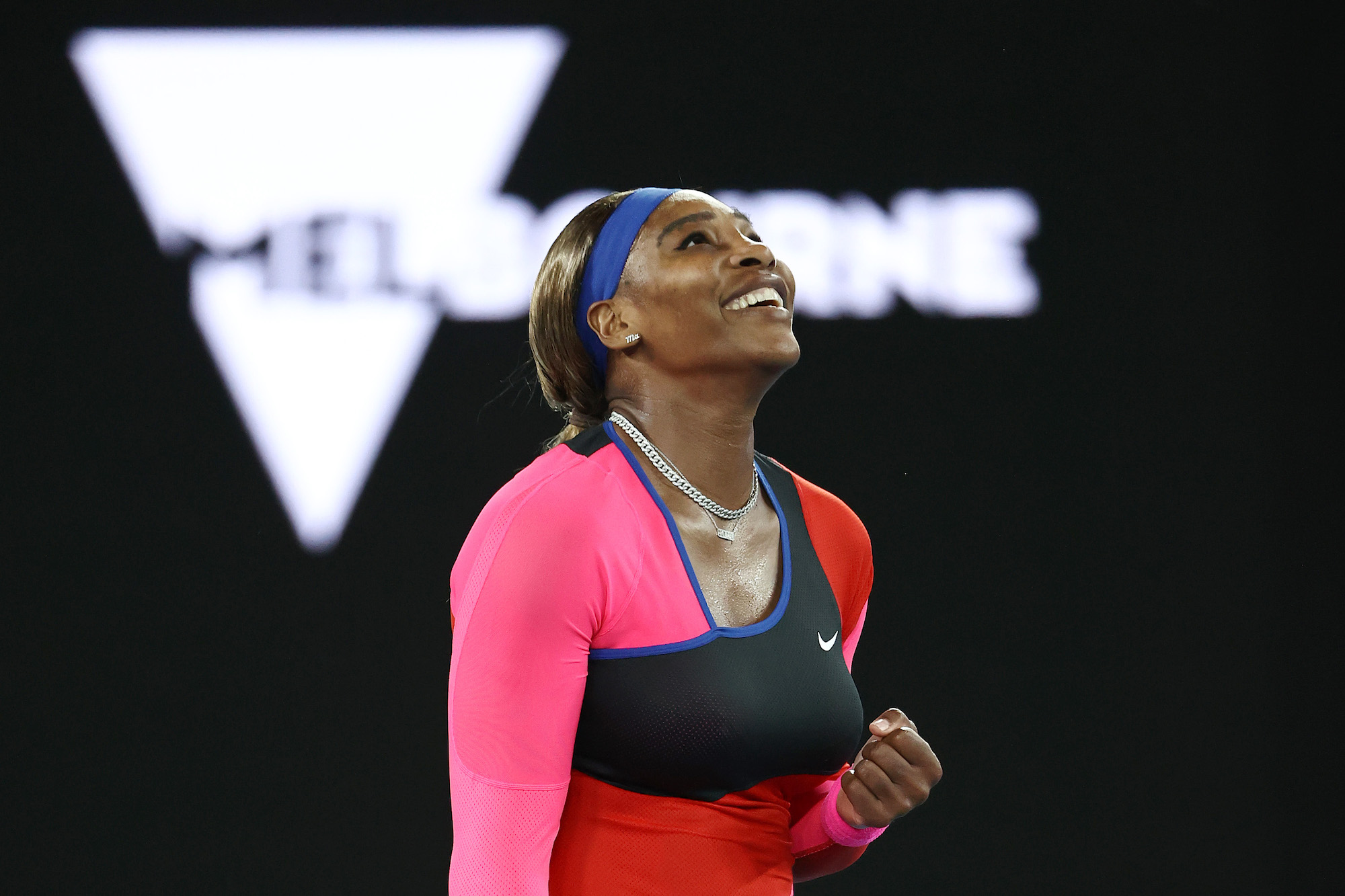 Serena Williams celebrates winning match point in her Women's Singles Quarterfinals match during the 2021 Australian Open at Melbourne Park on February 16, 2021, in Melbourne, Australia.