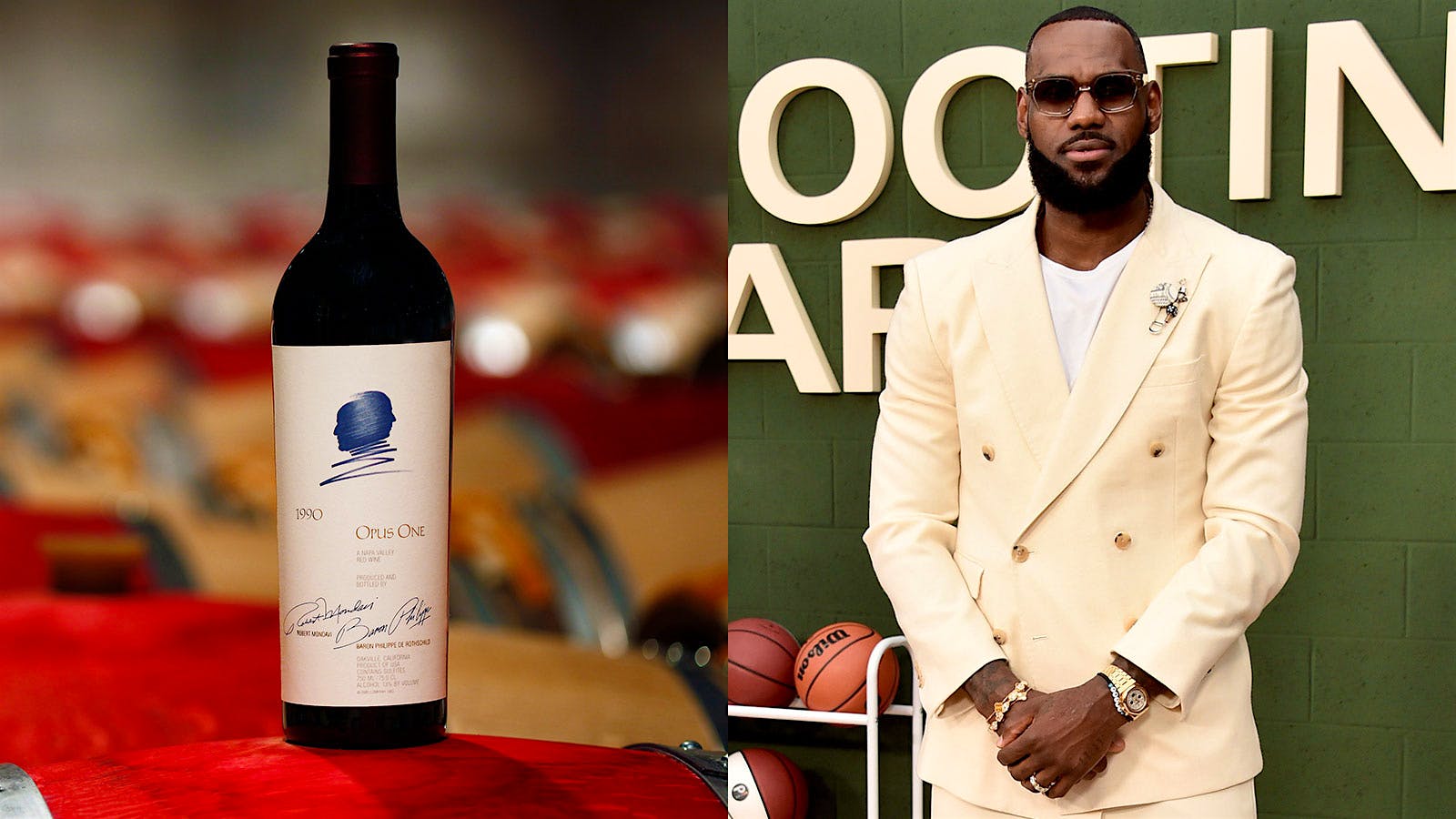 A composite photo of a bottle of Opus One and LeBron James.