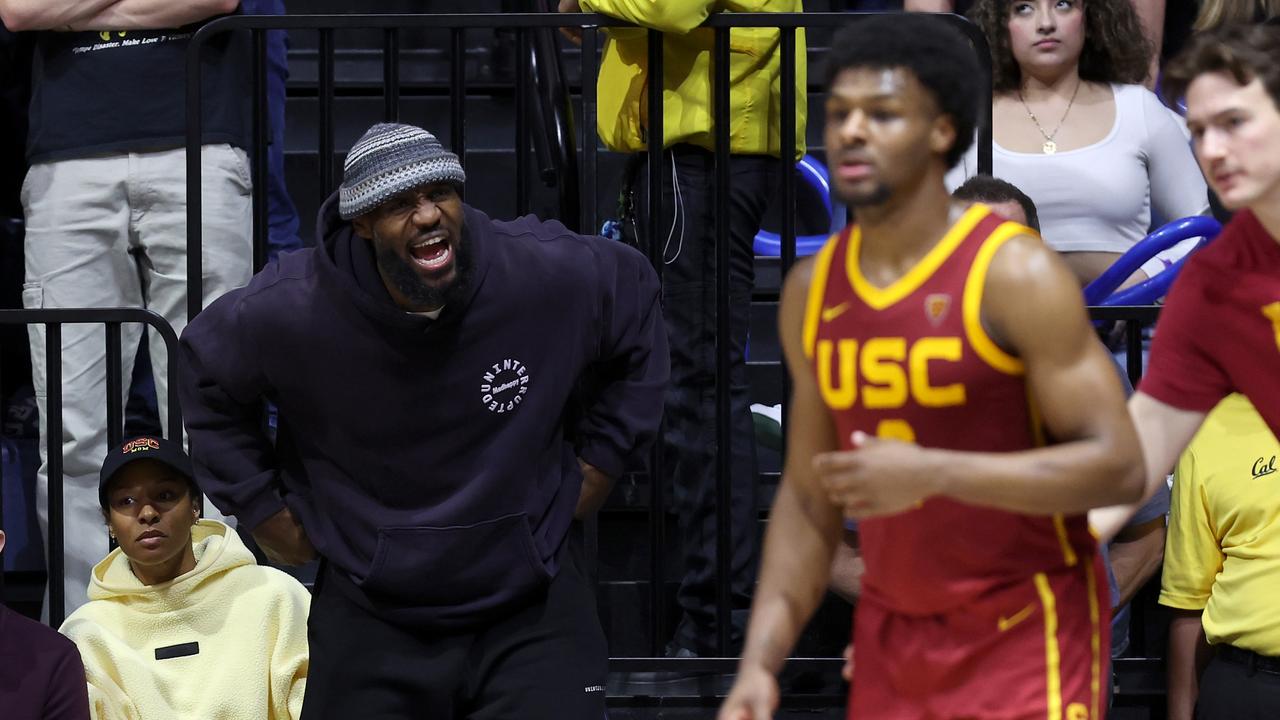 LeBron James shouts to his son Bronny. (Photo by Ezra Shaw/Getty Images)