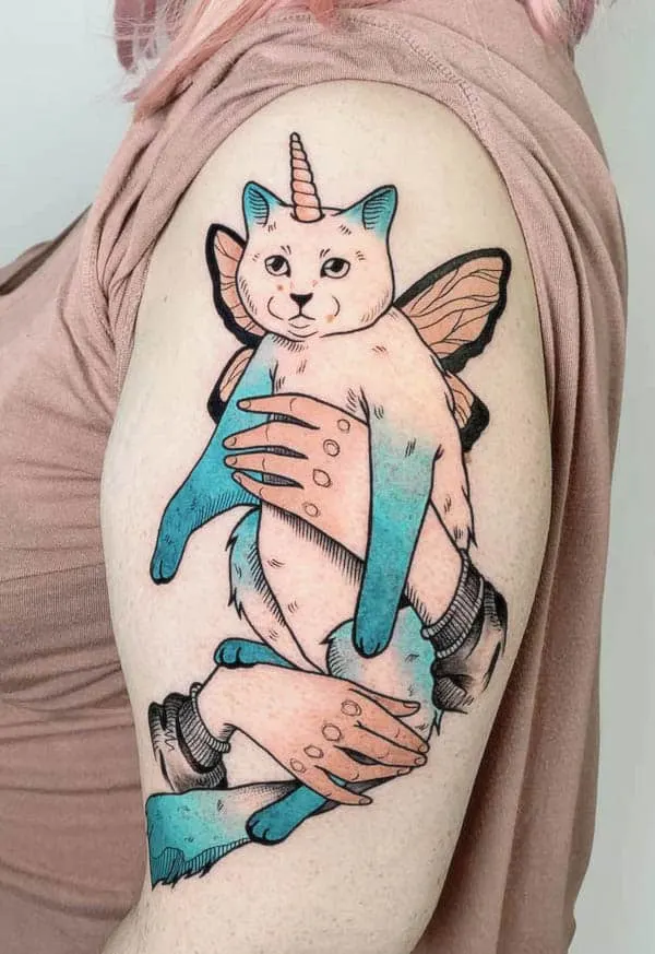 A cute unicorn cat tattoo on the sleeve by @pemynism- Unique and cute tattoos for cat lovers