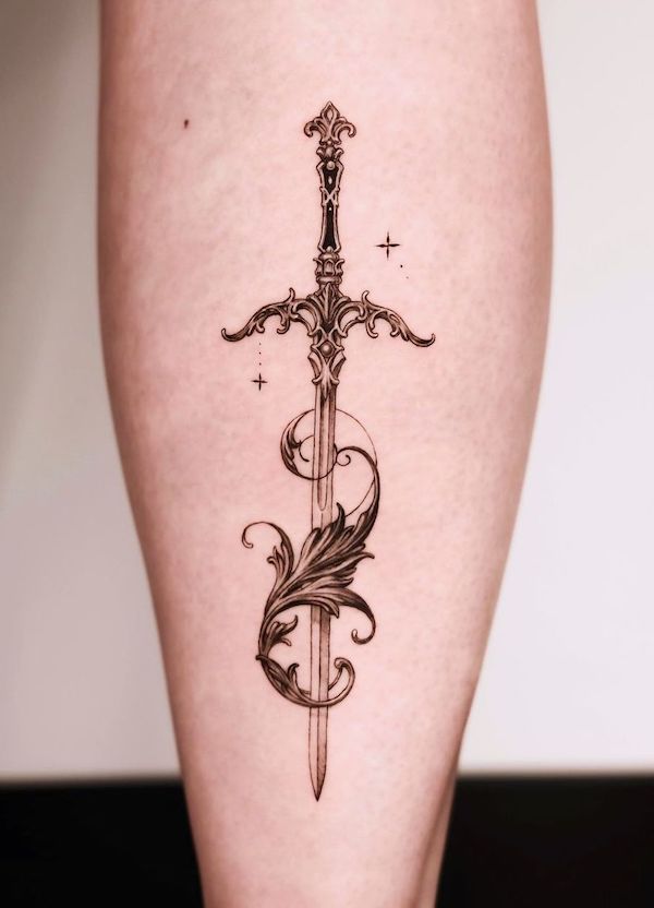 Antique sword calf tattoo by @auua.tattoo