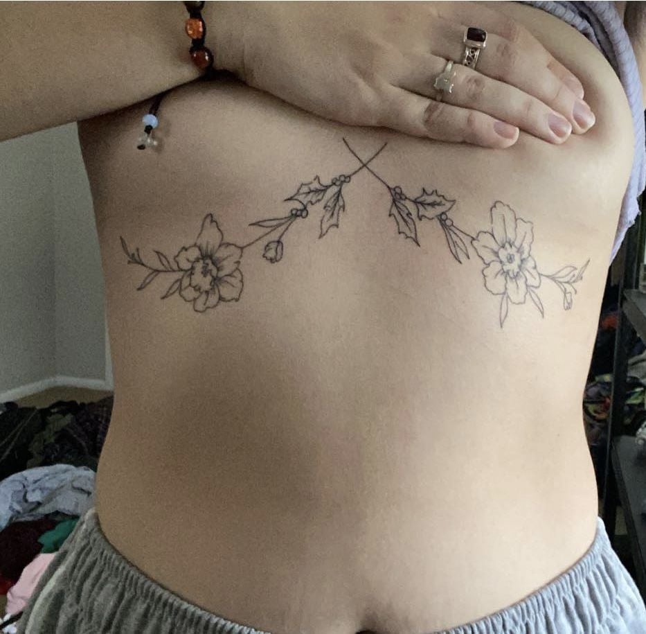 Black fine line dainty sternum tattoo