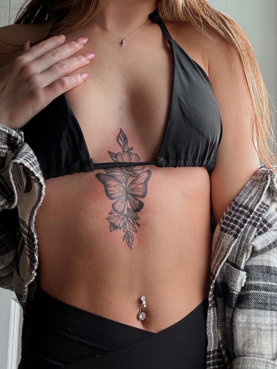 Butterfly Floral Sternum Tattoo