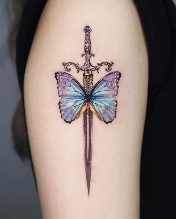 Butterfly sword sleeve tattoo by @yeriel_tattoo