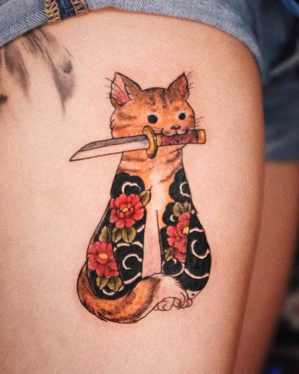 Cute cat with dagger tattoo by @peipokes