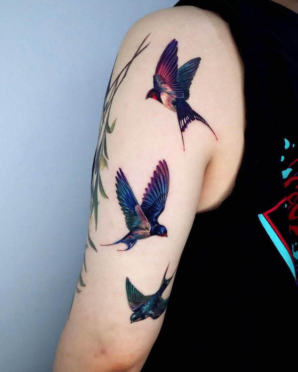 Flying birds half sleeve tattoo by @non_lee_ink