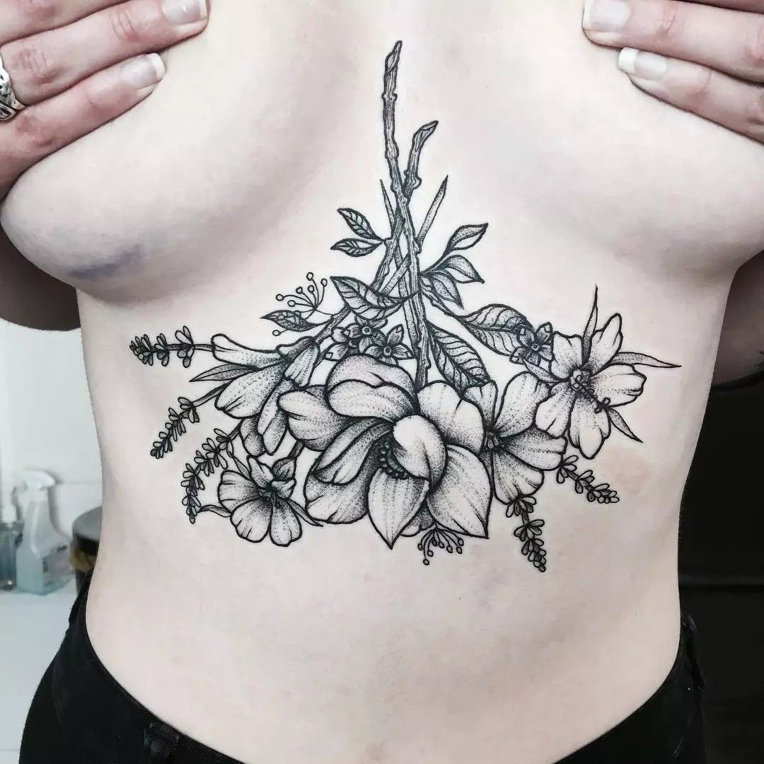 Marigold Bouquet Sternum Tattoo