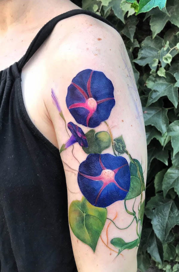 Morning glory flower sleeve tattoo by @jendomsick