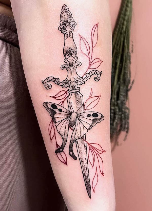 Moth and dagger tattoo by @_kobrah