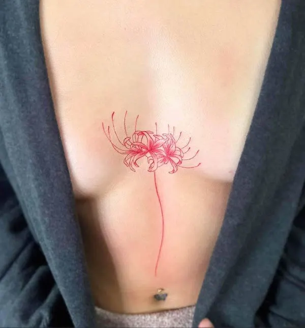 Red spider lily underboob tattoo by @asheryyy07