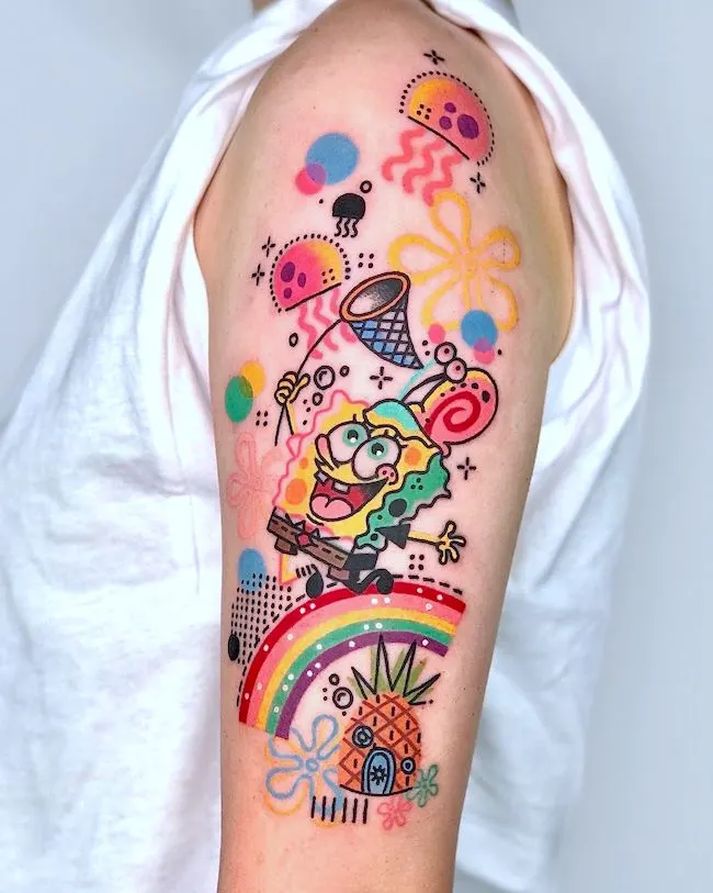 Spongebob tattoo by @hen_tattooer