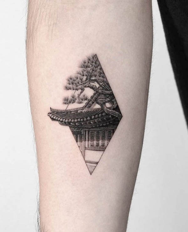 Pine tree in oriental garden tattoo by @z9_ttt