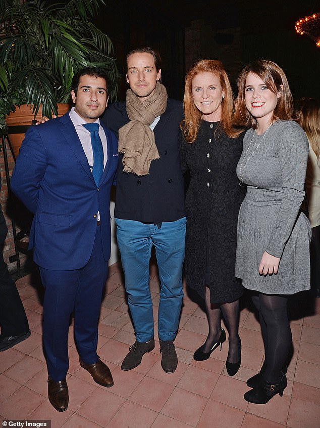 Royal connections: Alexander, second from left, with Sarah Ferguson and Princess Eugenie in 2014. Gilkes gave Princess Eugenie a role in the New York office of his arts company