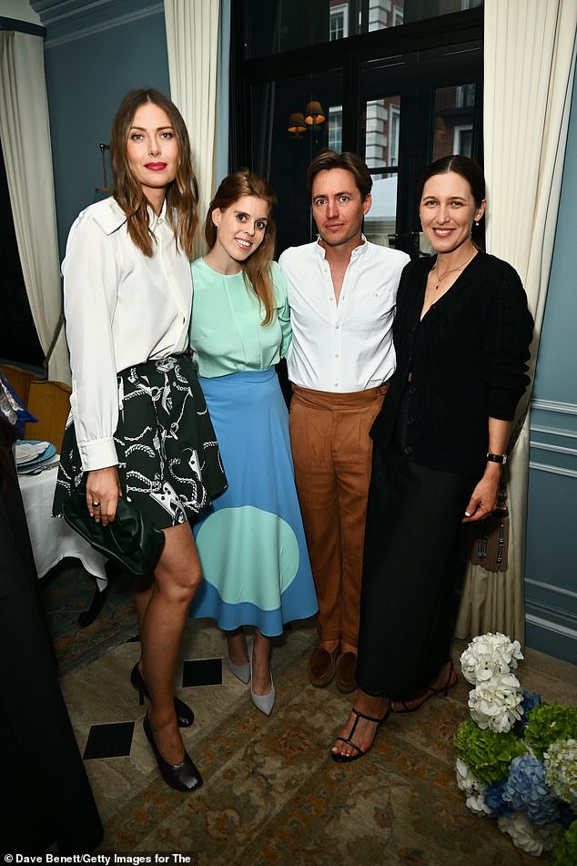 While the dinner was even given a royal touch, with the arrival of Princess Beatrice and her husband Edoardo Mapelli Mozzi (pictured with Emilia Wickstead)