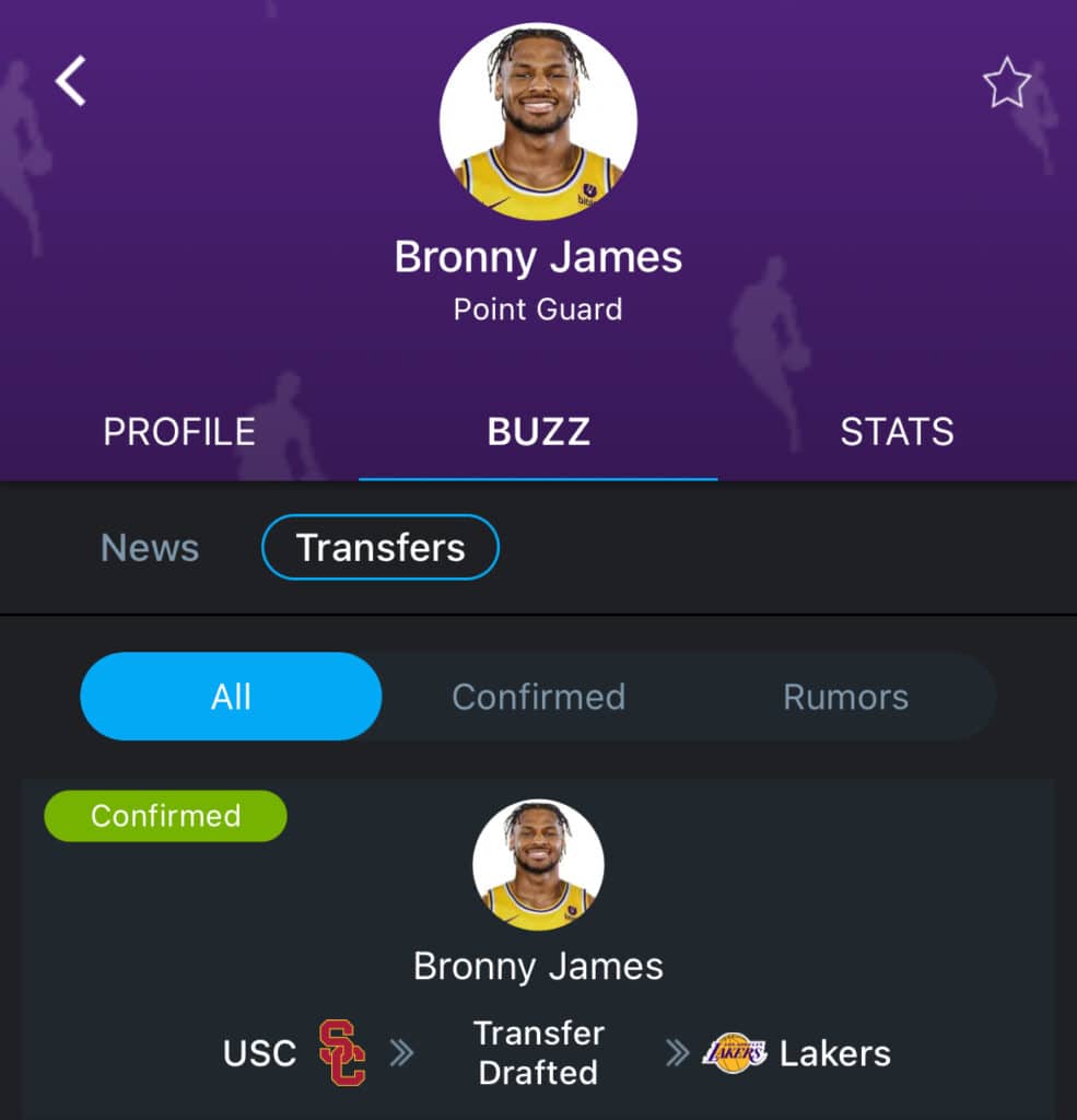 Bronny James transfer card