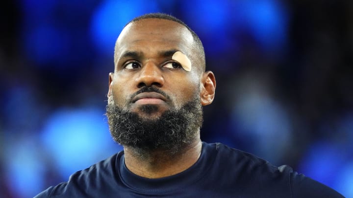 Aug 8, 2024; Paris, France; United States guard LeBron James (6) looks on before the game against Serbia in a men's basketball semifinal game during the Paris 2024 Olympic Summer Games at Accor Arena. Mandatory Credit: Rob Schumacher-USA TODAY Sports