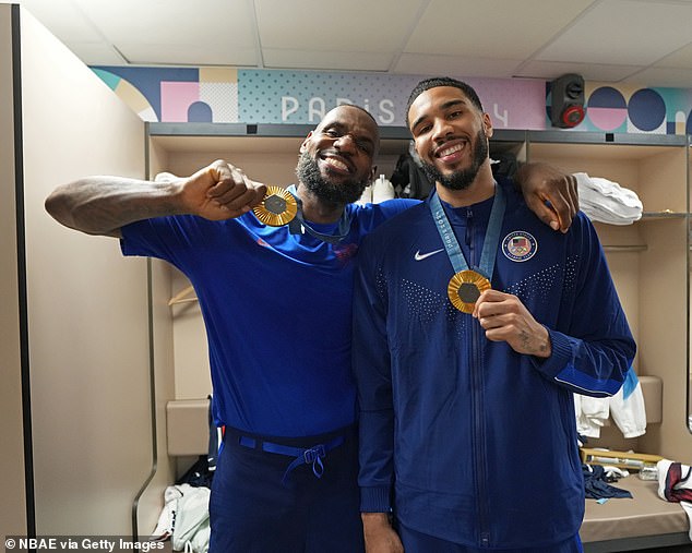 NBA rivals LeBron James and Jayson Tatum celebrate their gold-medal win over France