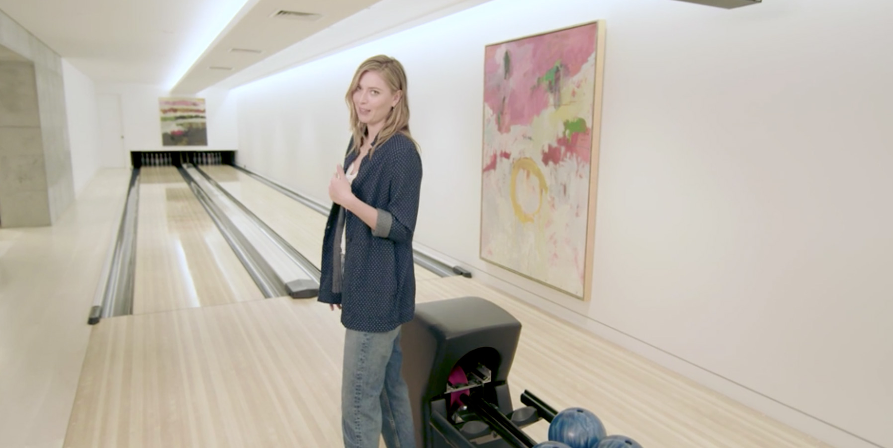 Maria Sharapova shows off the bowling alley in the basement of her LA home