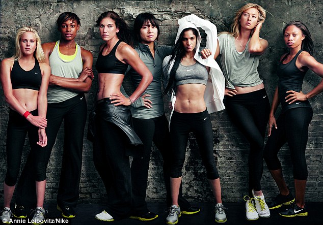 From left to right: Australian surfer Laura Enever, British runner Perri Shakes-Drayton, American footballer Hope Solo, Li Na of China, Algerian dancer Sofia Boutella, Sharapova and American runner Allyson Felix