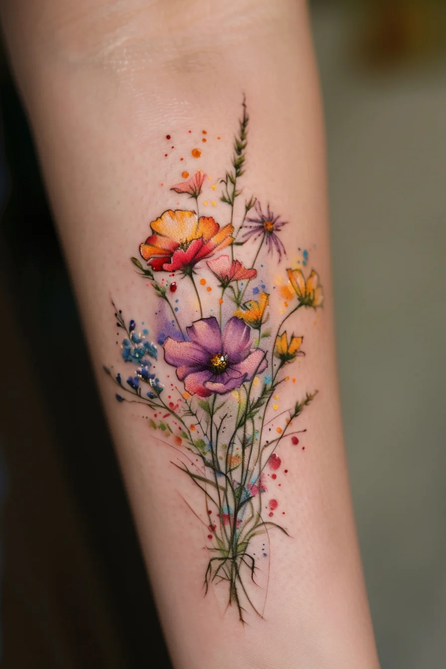 A delicate arrangement of wildflowers in shades of purple, pink, yellow, and orange offers a fresh and natural look. The flowers are finely detailed, with intricate stems and leaves. Splashes of watercolor in the background add a dynamic and artistic touch, making the design vibrant and lively.