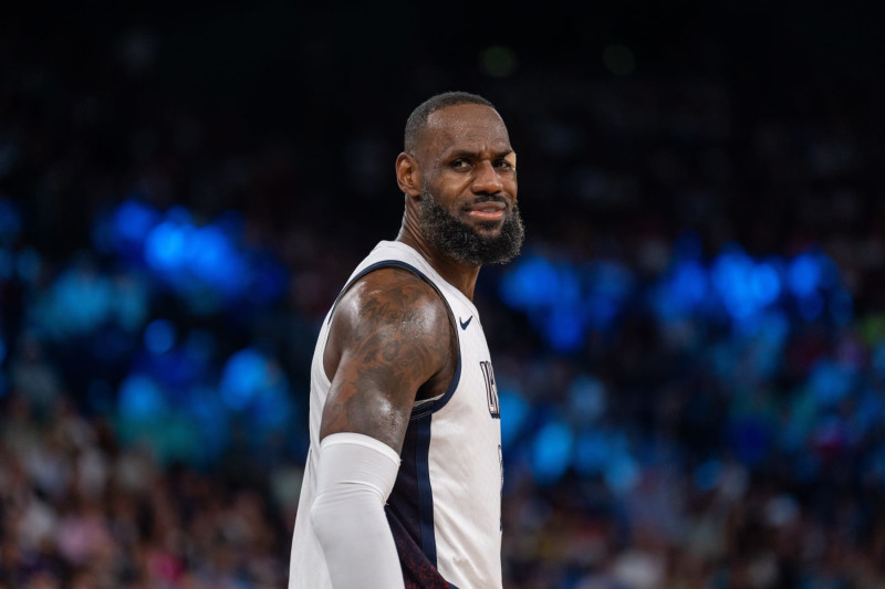 PARIS, FRANCE - AUGUST 08: Lebron James  of Team United States reacts during a Men's basketball semifinals match between Team United States and Team Serbia on day thirteen of the Olympic Games Paris 2024 at Bercy Arena on August 08, 2024 in Paris, France. (Photo by Aytac Unal/Anadolu via Getty Images)