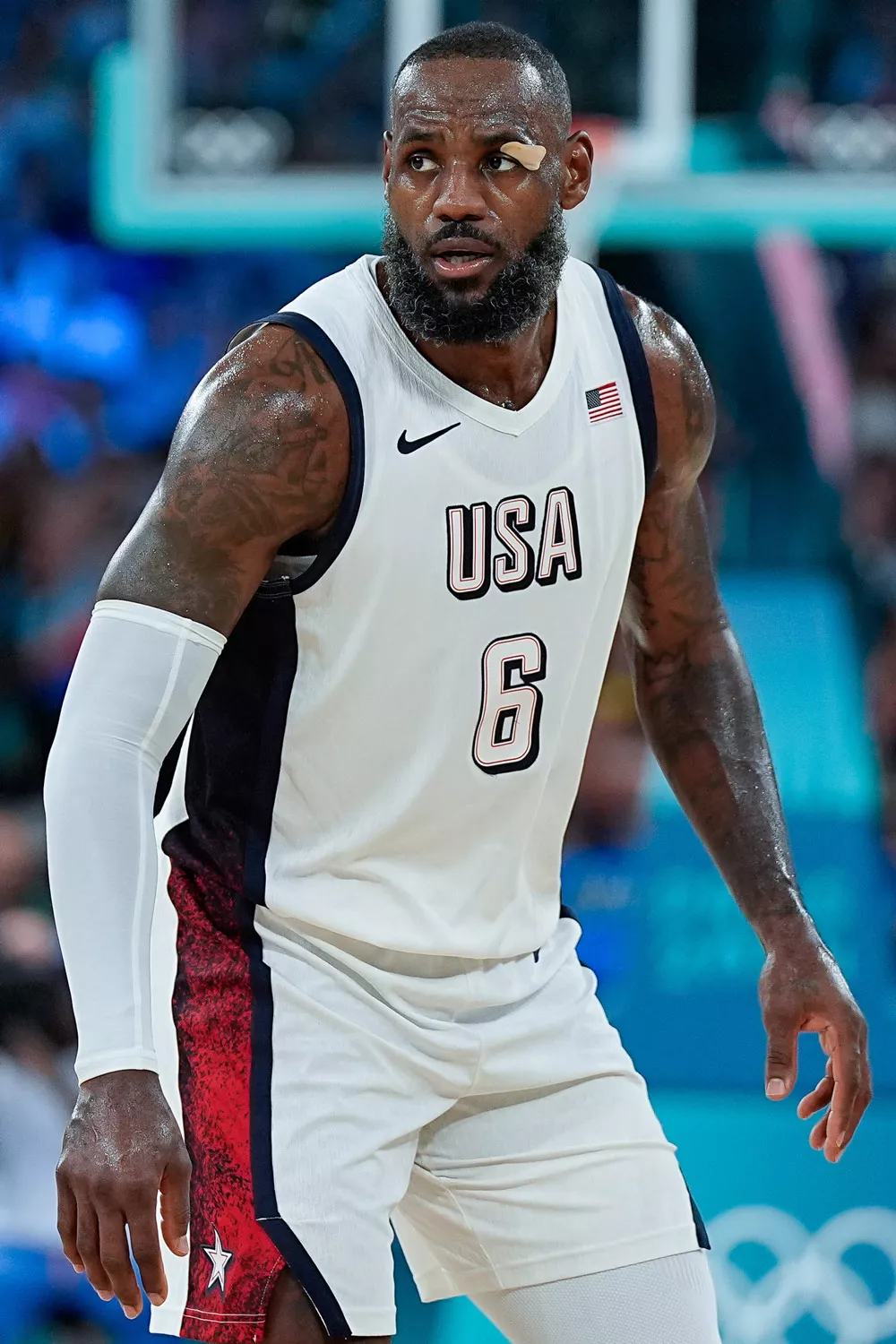 Lebron James of United States looks on during the Men's Semifinal Game between United States and Serbia on day thirteen of the Olympic Games Paris 2024 at Stade Pierre Mauroy on August 8, 2024