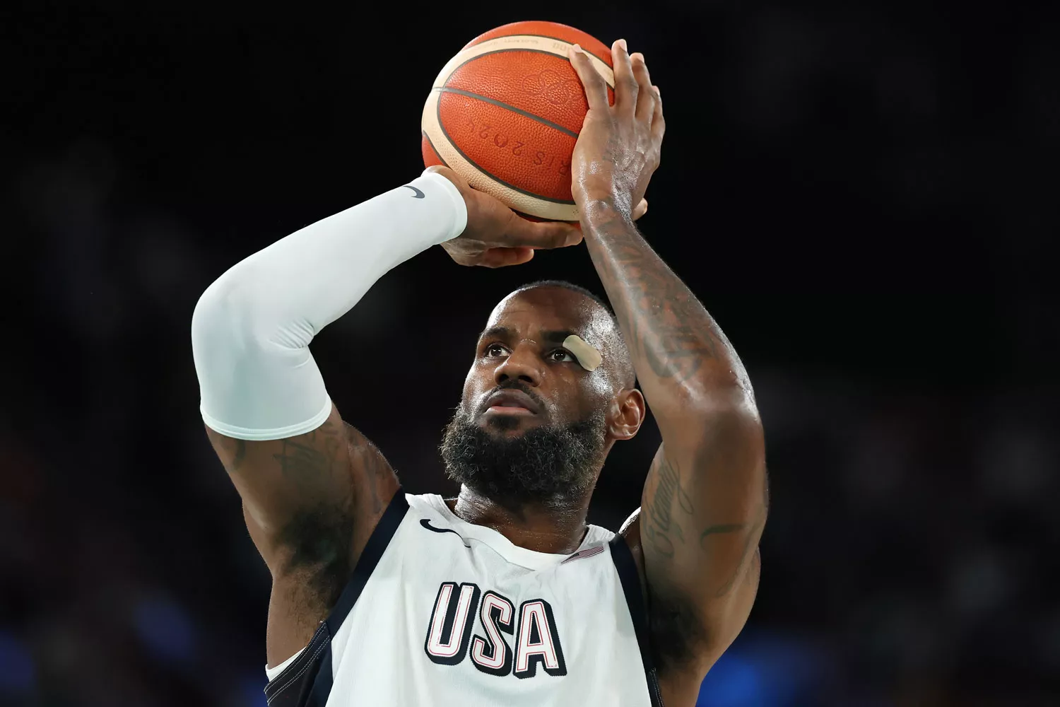 Lebron James #6 of Team United States shoots a free throw during a Men's basketball semifinals match between Team United States and Team Serbia on day thirteen of the Olympic Games Paris 2024