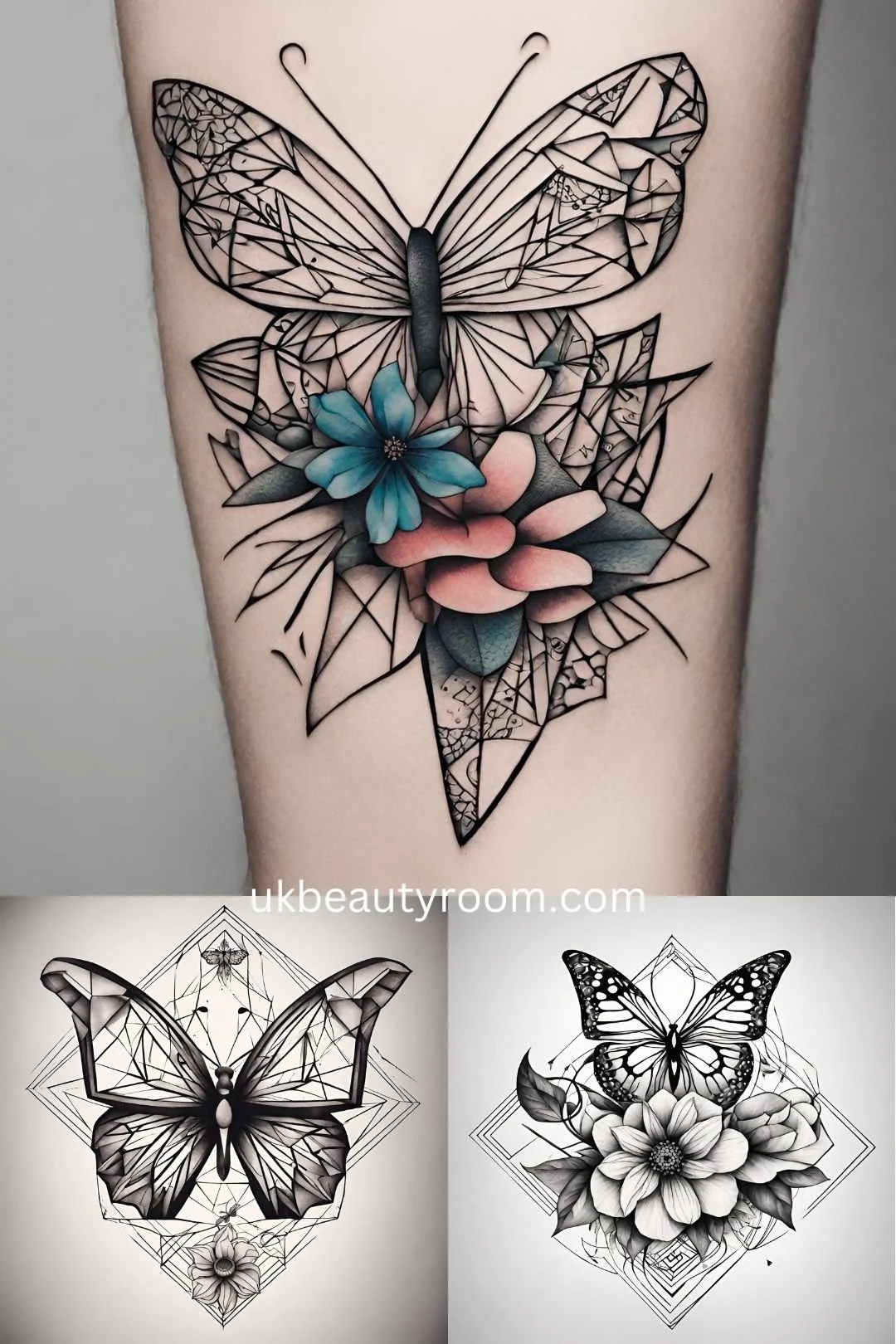 geometric tattoo designs with a butterfly and flower